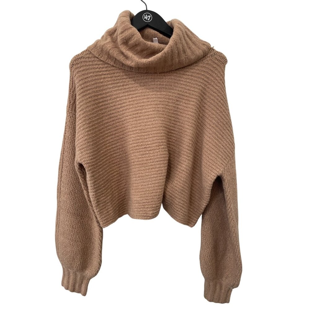 Elan Cropped Sweater Size Large Chunky Turtleneck Long Sleeve Pullover Camel Tan